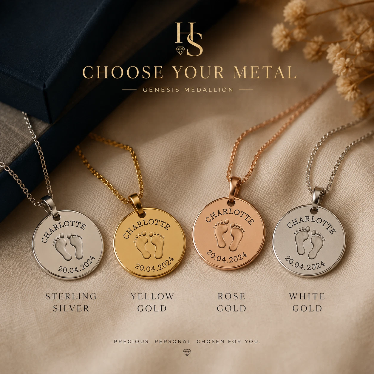 Genesis Medallion metal options in silver, yellow gold, rose gold and white gold