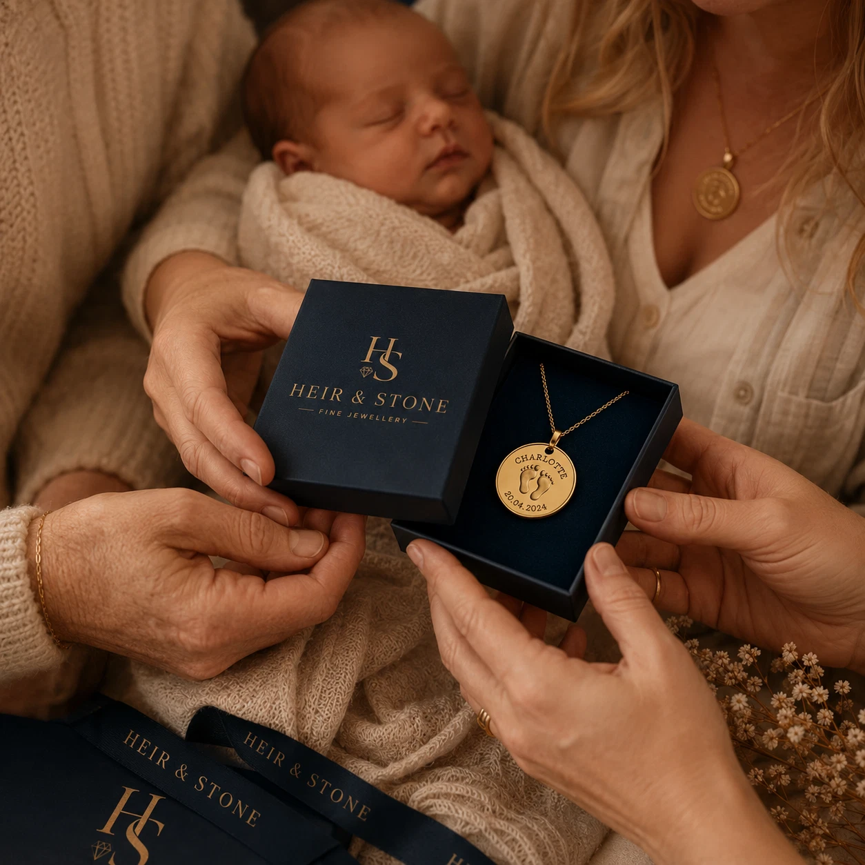 A family sharing a Heir & Stone newborn heirloom