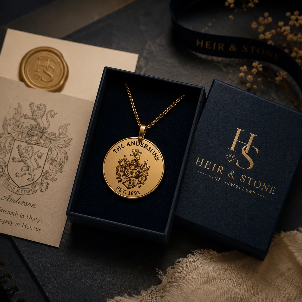 A Heir & Stone medallion engraved with a family crest
